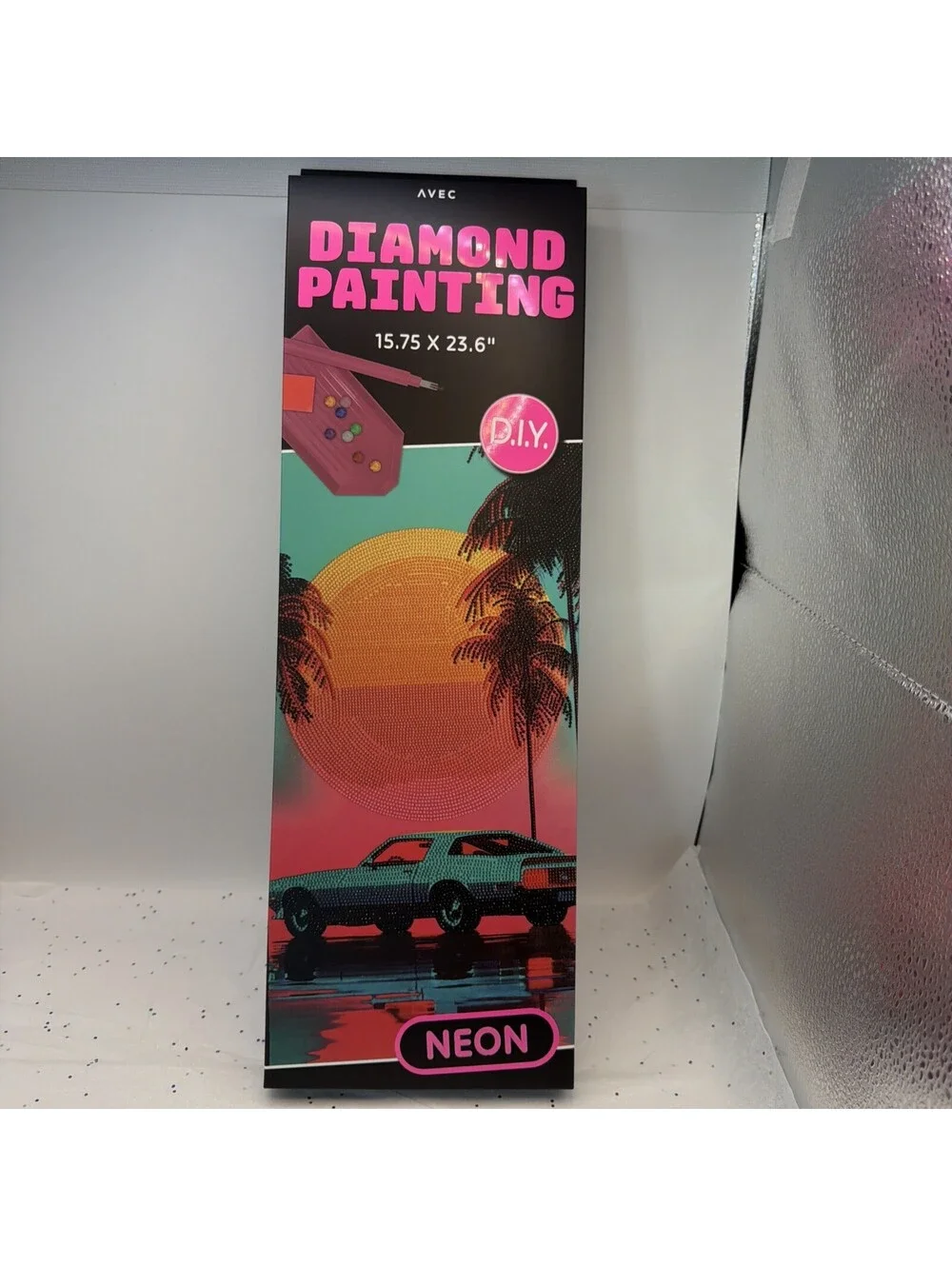 AVEC DIY Diamond Art Painting Kit Pink Neon Car In Sunset Design, 15.75 x 23.6